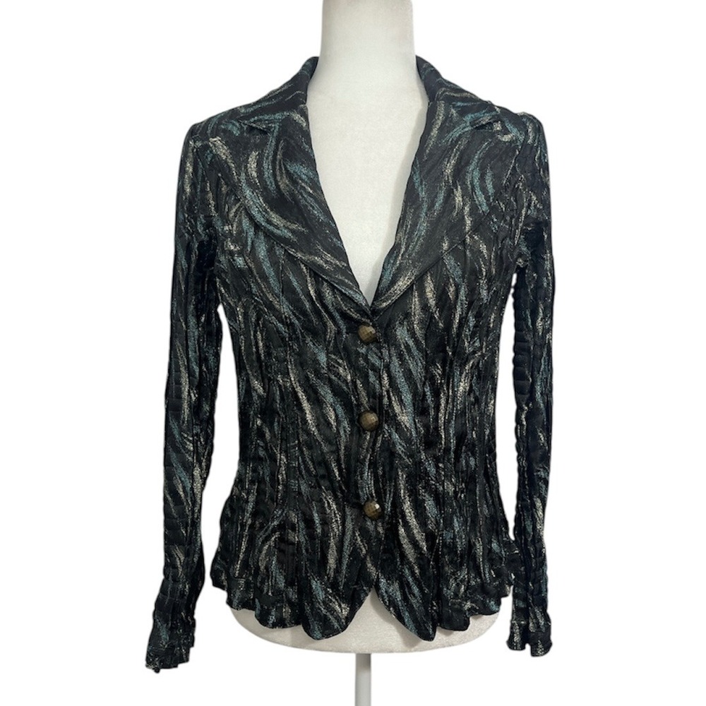 Alexandra Rosati Teal Black Metallic Crinkle Blazer Jacket Size Medium Artsy